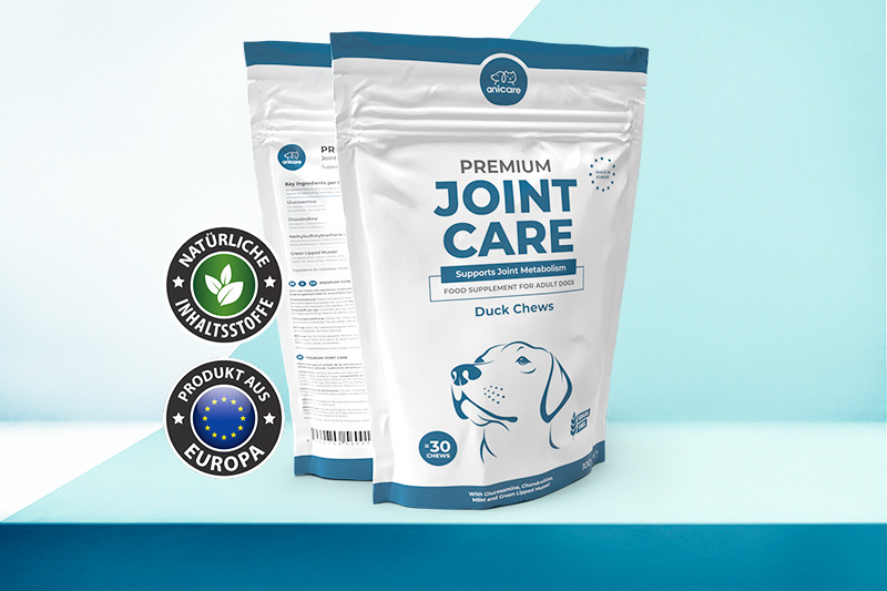 Fronte e retro di Anicare Premium Joint Care, 2 stemmi: 1. ingredienti naturali, 2. made in Europe